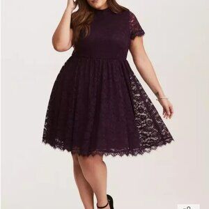 Deep purple high neck lace skater dress